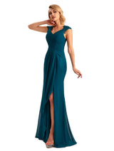 Elegant Side Slit Chiffon Cap Sleeves Long Mother of the Brides Dresses Online