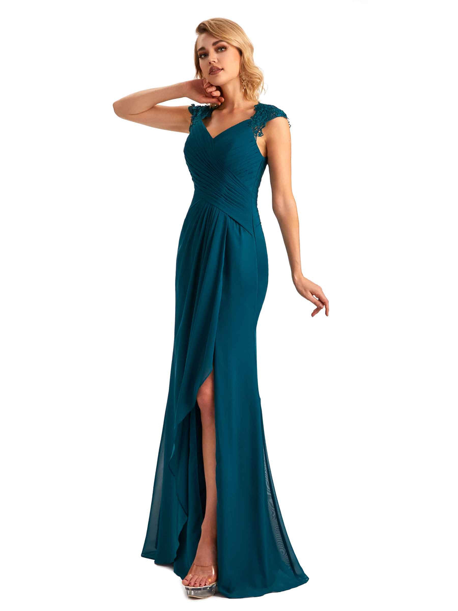 Elegant Side Slit Chiffon Cap Sleeves Long Mother of the Brides Dresses Online