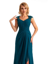 Elegant Side Slit Chiffon Cap Sleeves Long Mother of the Brides Dresses Online