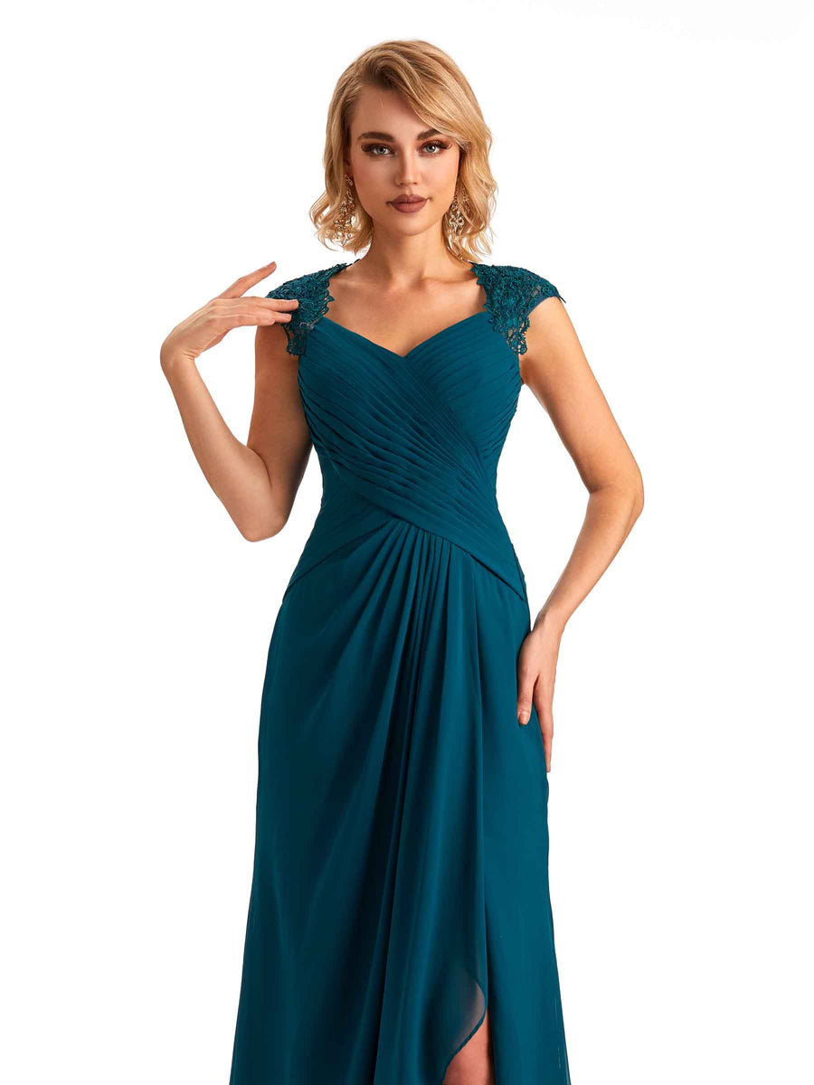 Elegant Side Slit Chiffon Cap Sleeves Long Mother of the Brides Dresses Online