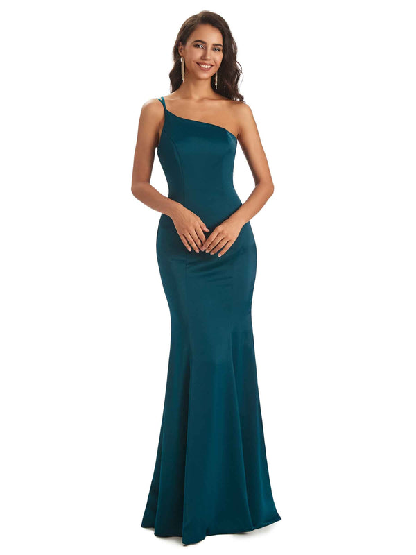 Sexy One Shoulder Pretty Satin Mermaid Prom Dresses With Slit Online