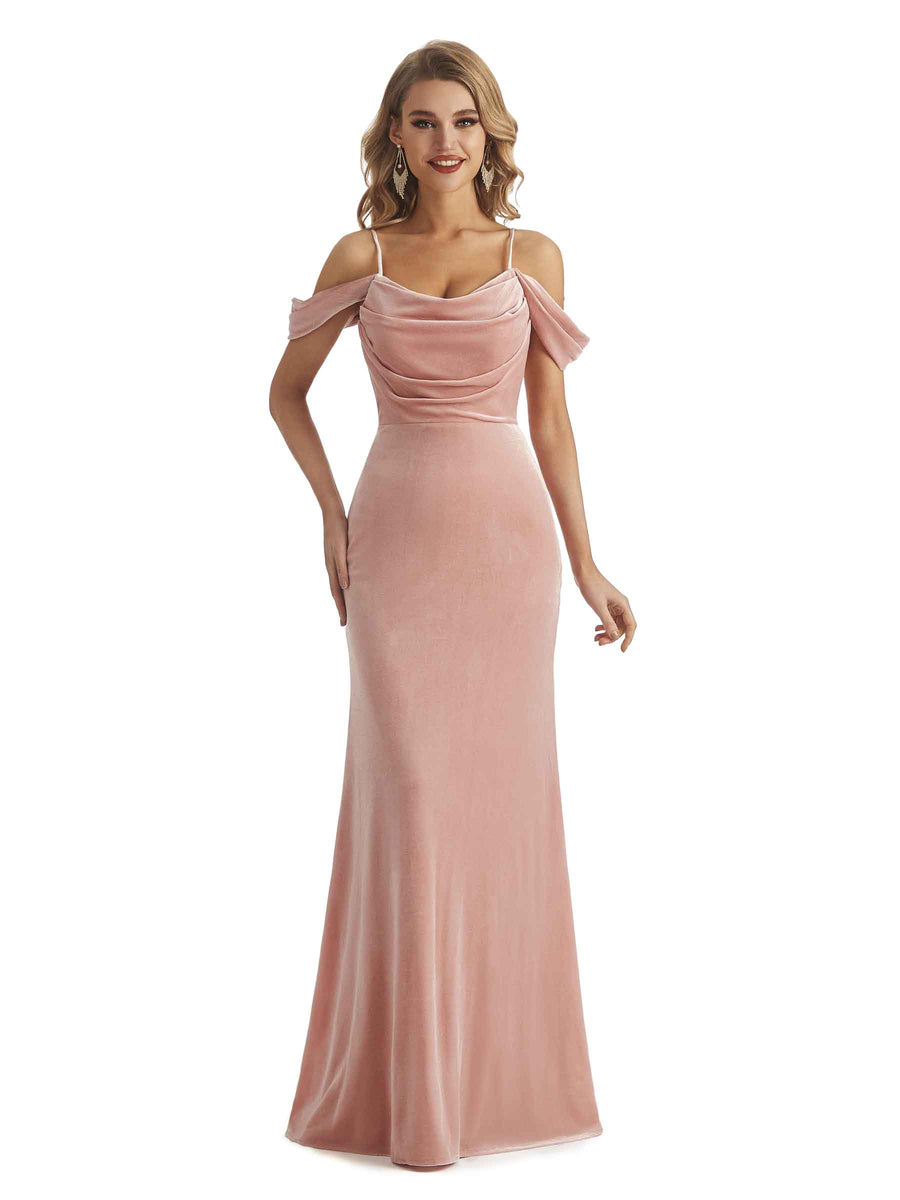 Elegant Mermaid Cold Shoulder Winter Velvet Long Wedding Guest Dresses