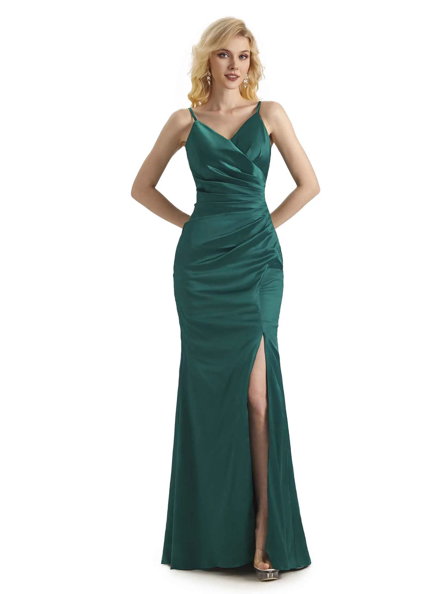 Sexy Soft Satin Side Slit V-neck Long Mermaid Formal Prom Dresses Online