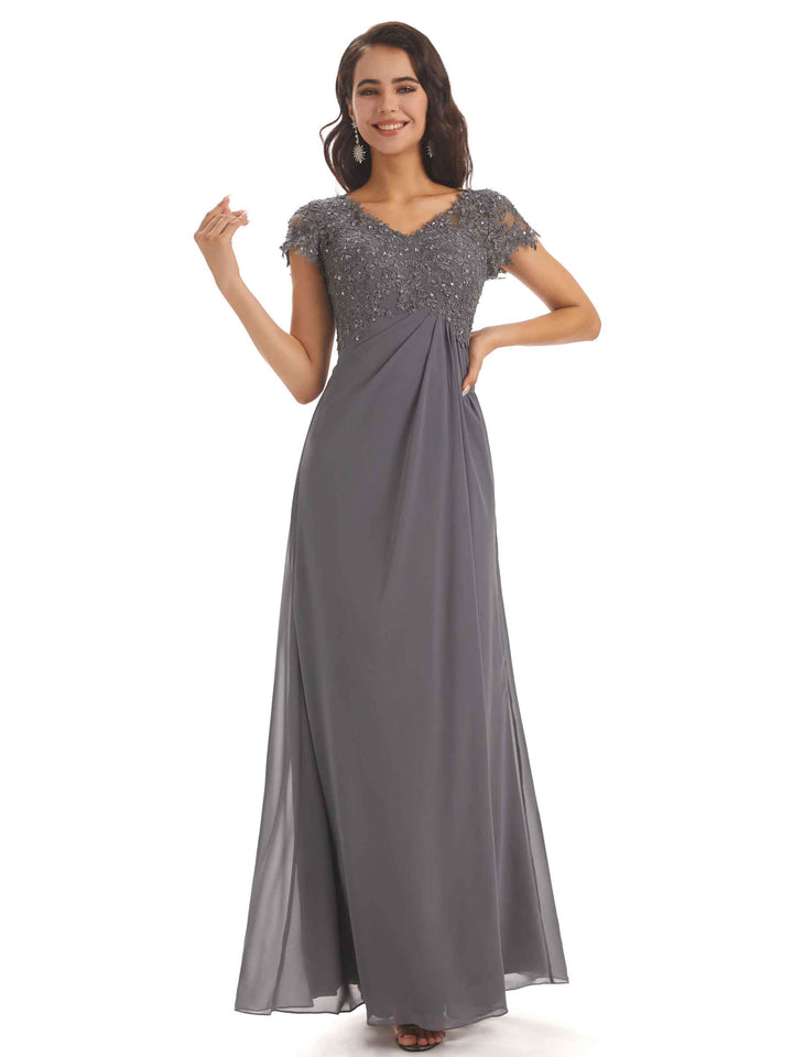 Elegant Short Sleeves Beaded Pleats A-line Floor-Length Mother of The Bride Dresses