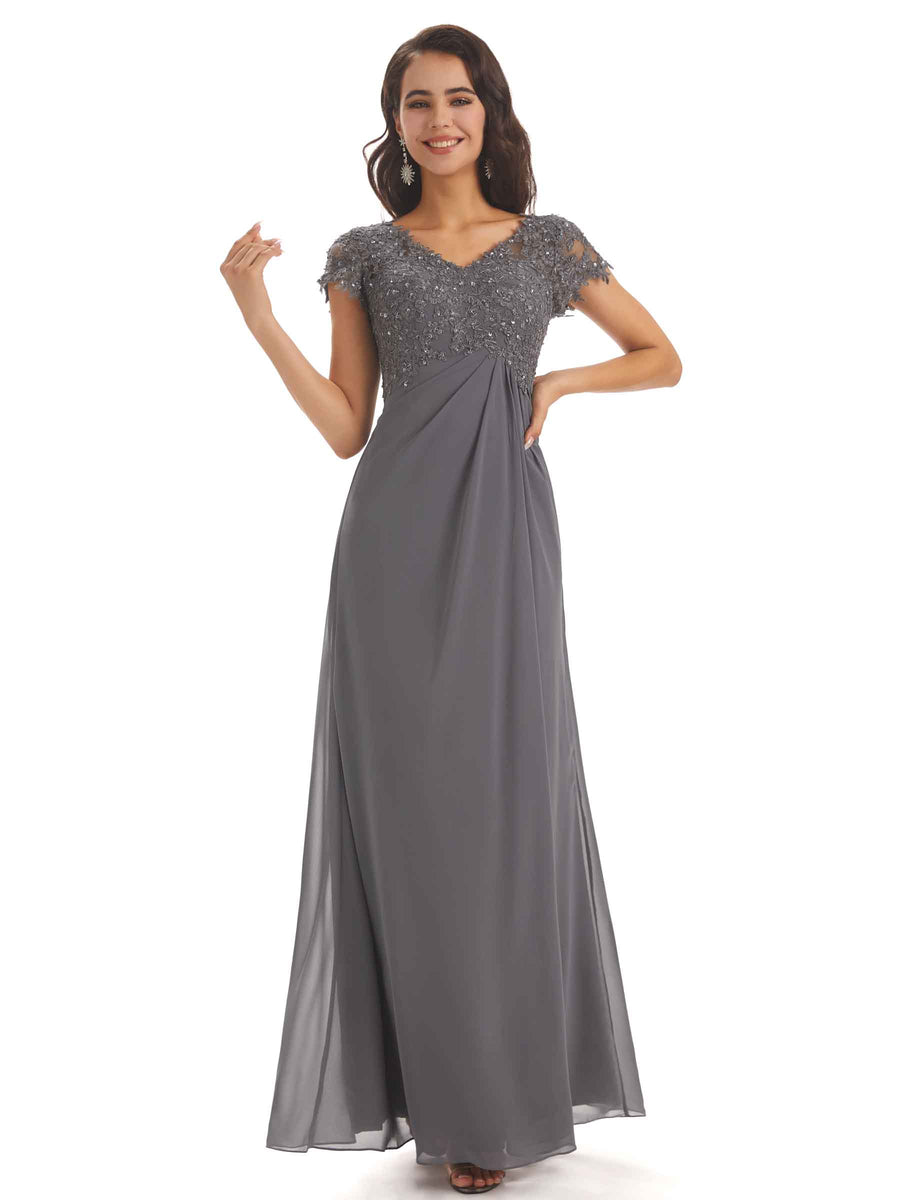Elegant Short Sleeves Beaded Pleats A-line Floor-Length Mother of The Bride Dresses