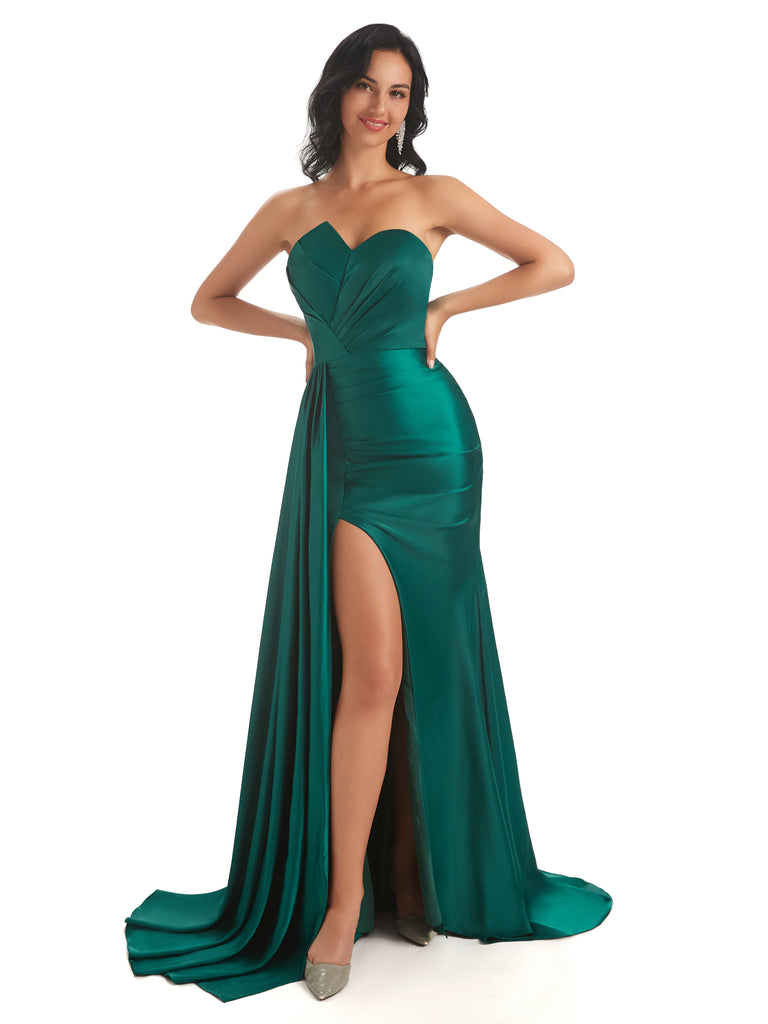 Asymmetric Neckline Mermaid Satin Side Slit Floor-Length Maxi Mermaid Bridesmaid Dresses