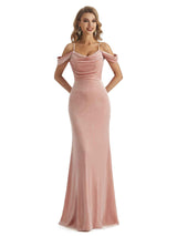 Elegant Mermaid Cold Shoulder Winter Velvet Long Wedding Guest Dresses