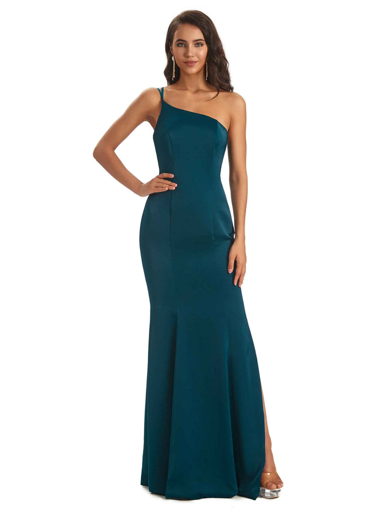 Sexy One Shoulder Pretty Satin Mermaid Prom Dresses With Slit Online