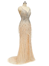 Champagne Gold Luxury Heavily Beaded Feather Formal Prom Dresses Online