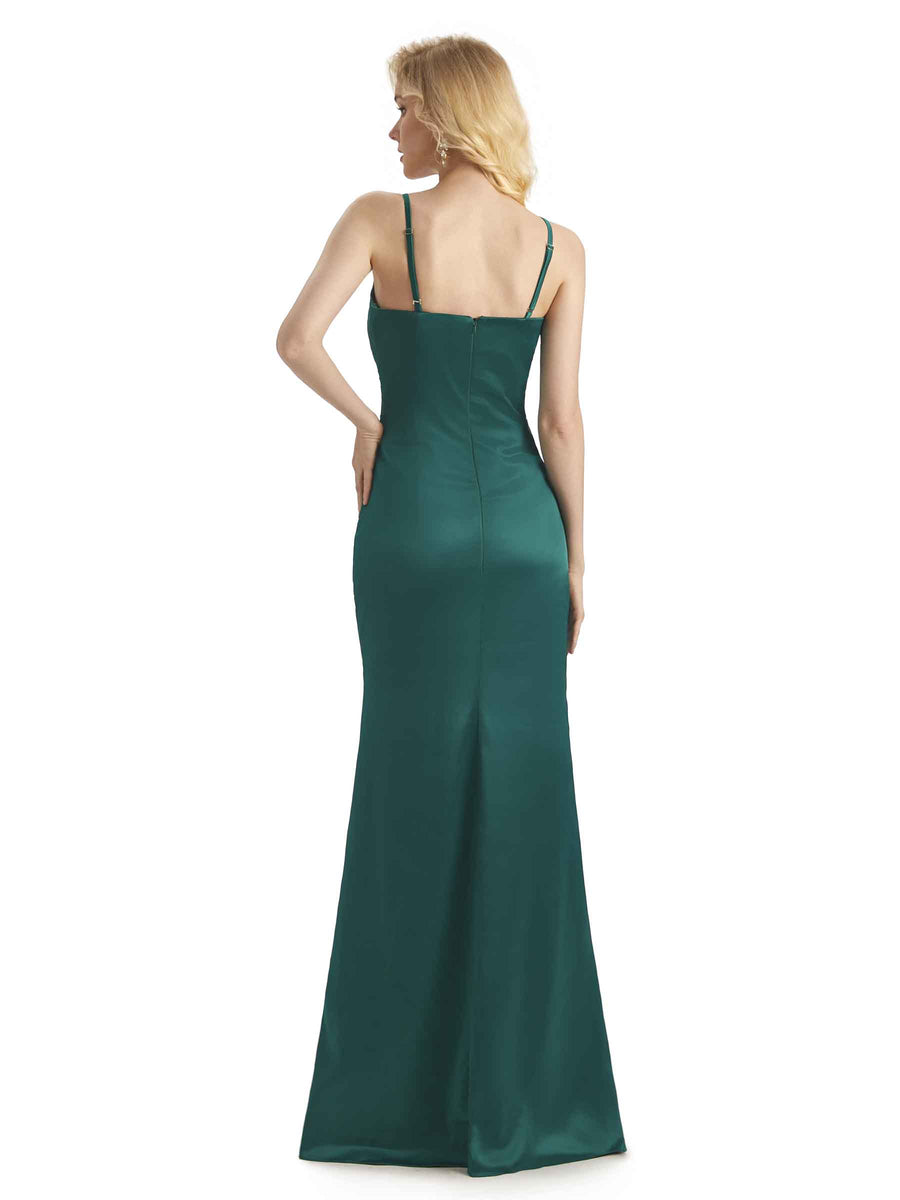 Sexy Soft Satin Side Slit V-neck Long Mermaid Bridesmaid Dresses Online