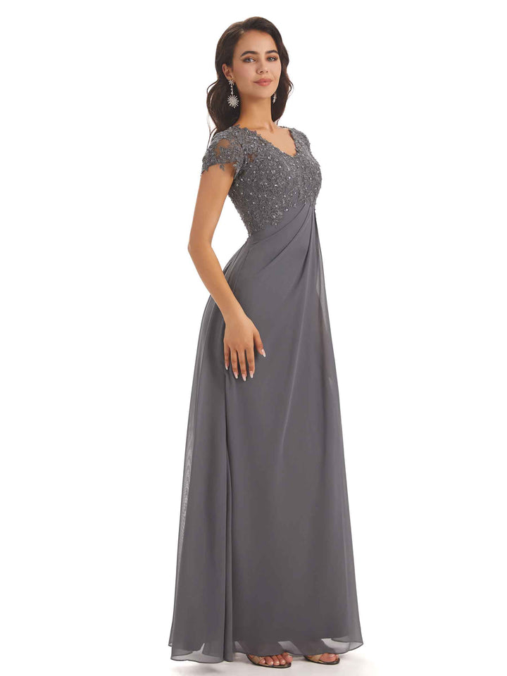 Elegant Short Sleeves Beaded Pleats A-line Floor-Length Mother of The Bride Dresses