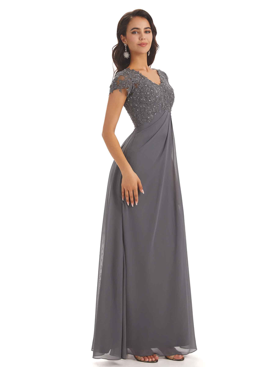 Elegant Short Sleeves Beaded Pleats A-line Floor-Length Mother of The Bride Dresses