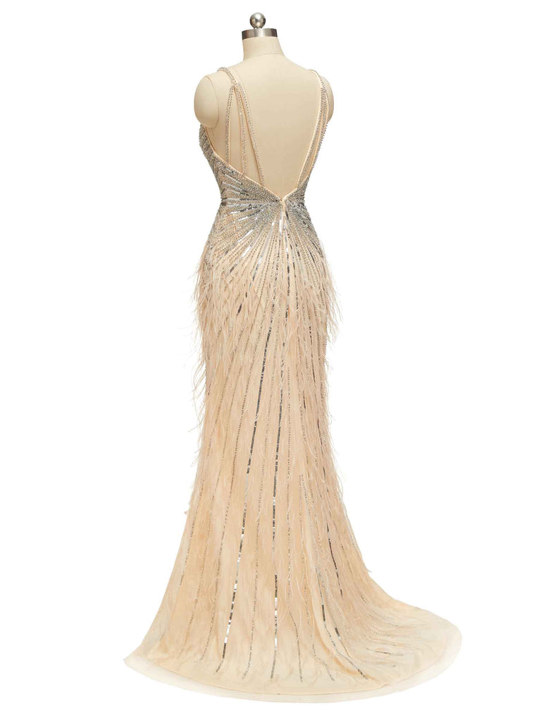 Champagne Gold Luxury Heavily Beaded Feather Formal Prom Dresses Online - ChicSew Champagne Gold Luxury Heavily Beaded Feather Formal Prom Dresses Online - ChicSew