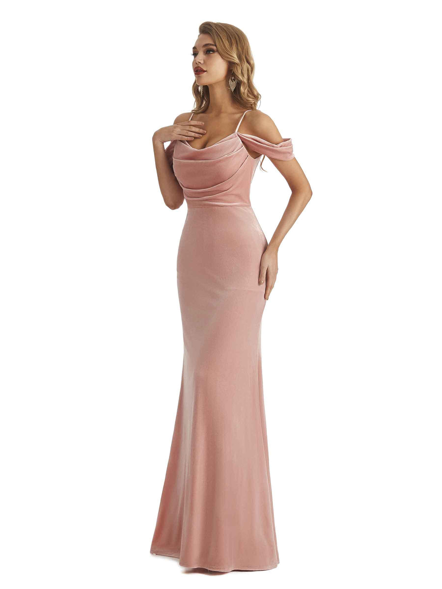 Elegant Mermaid Cold Shoulder Winter Velvet Long Wedding Guest Dresses
