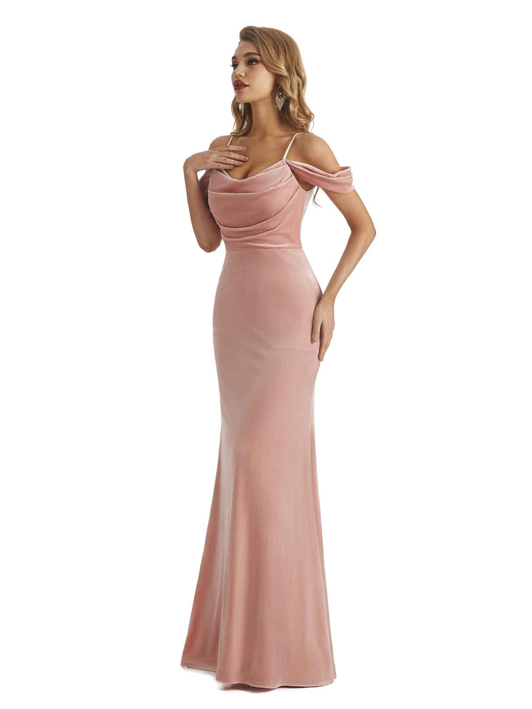 Elegant Mermaid Cold Shoulder Spaghetti Straps Velvet Long Bridesmaid Dresses