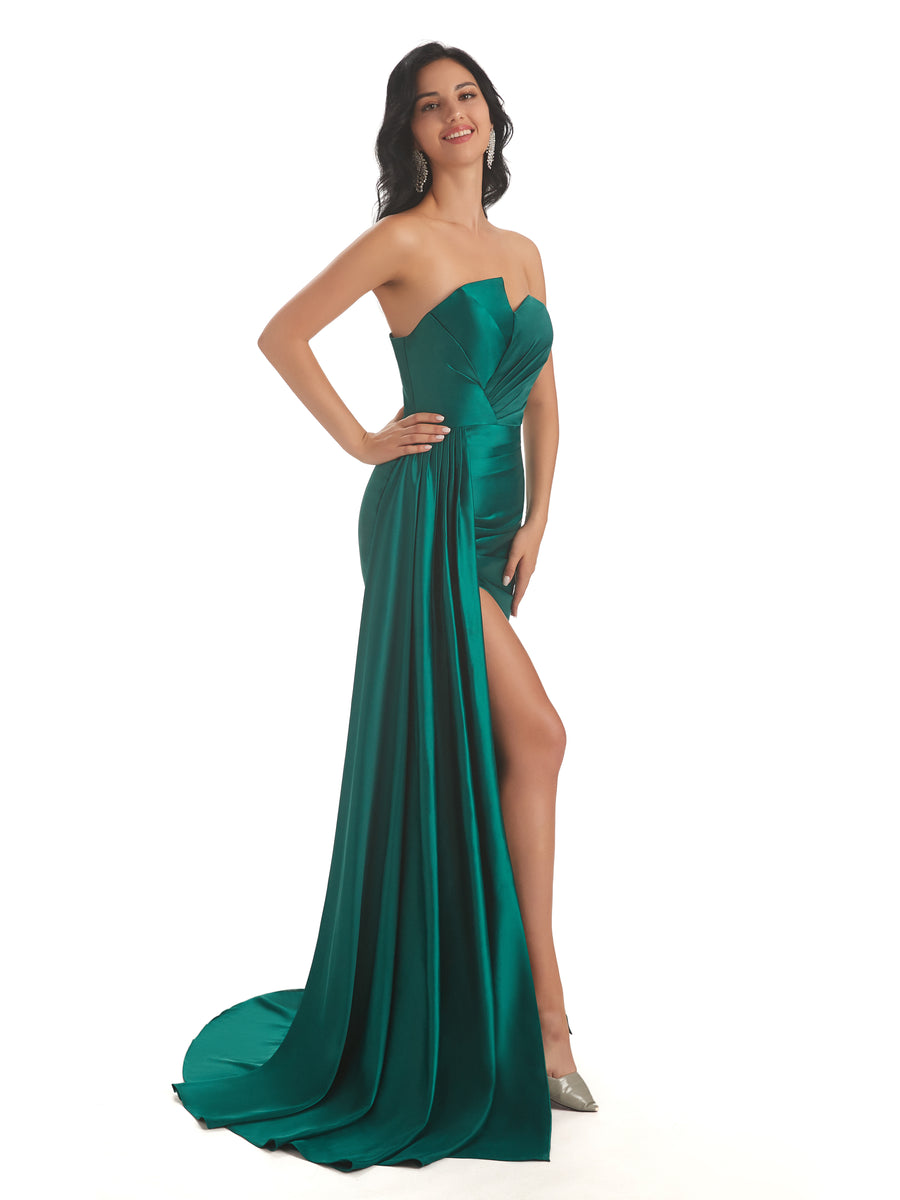 Asymmetric Neckline Mermaid Satin Side Slit Floor-Length Maxi Mermaid Bridesmaid Dresses