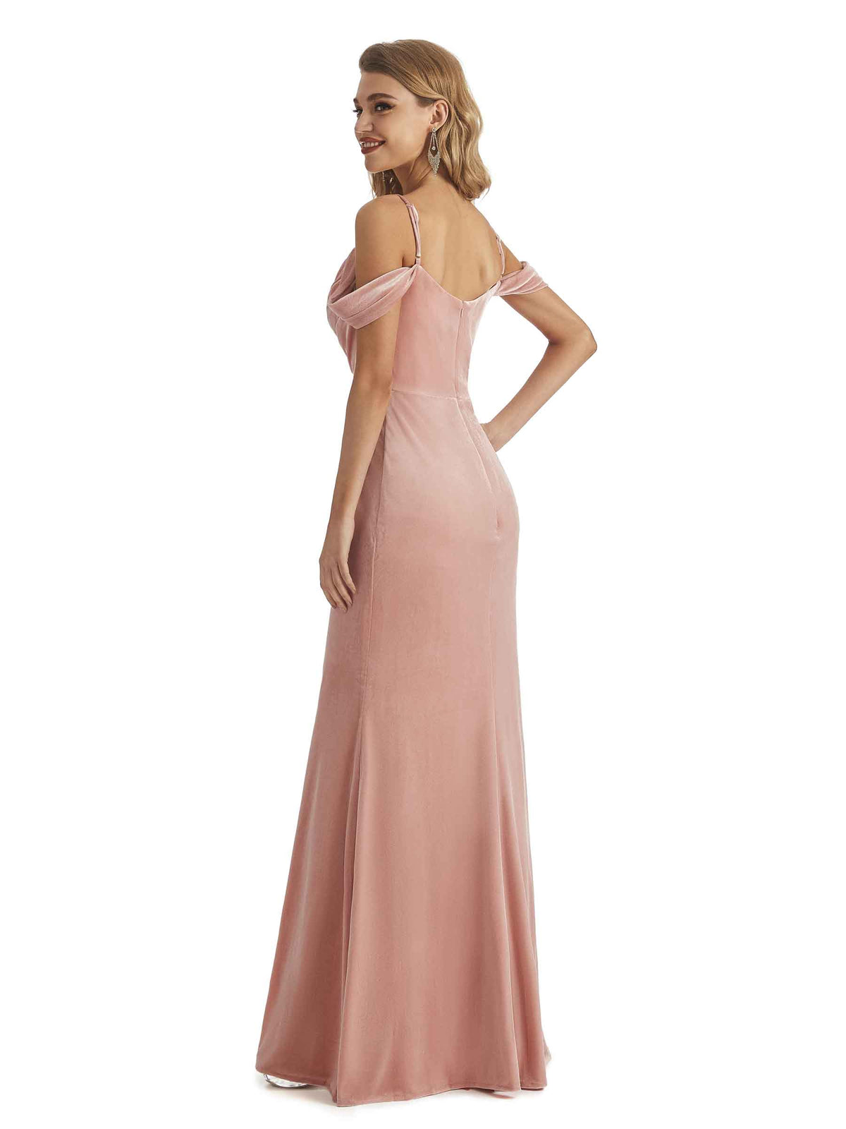 Elegant Mermaid Cold Shoulder Spaghetti Straps Velvet Long Bridesmaid Dresses