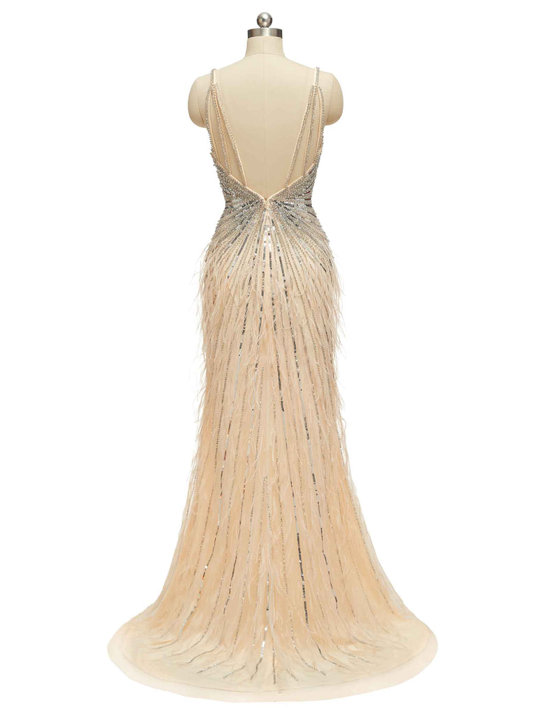 Champagne Gold Luxury Heavily Beaded Feather Formal Prom Dresses Online - ChicSew Champagne Gold Luxury Heavily Beaded Feather Formal Prom Dresses Online - ChicSew