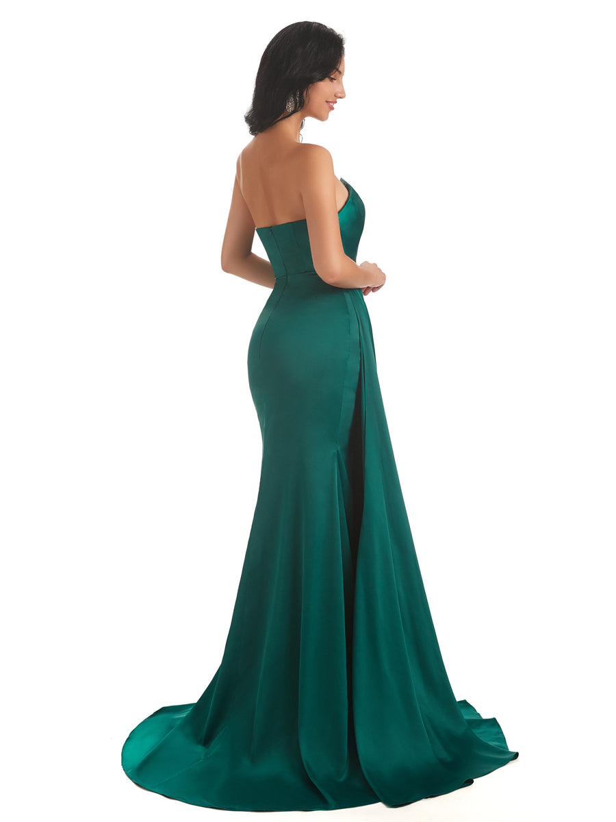 Asymmetric Neckline Mermaid Satin Side Slit Floor-Length Maxi Mermaid Bridesmaid Dresses