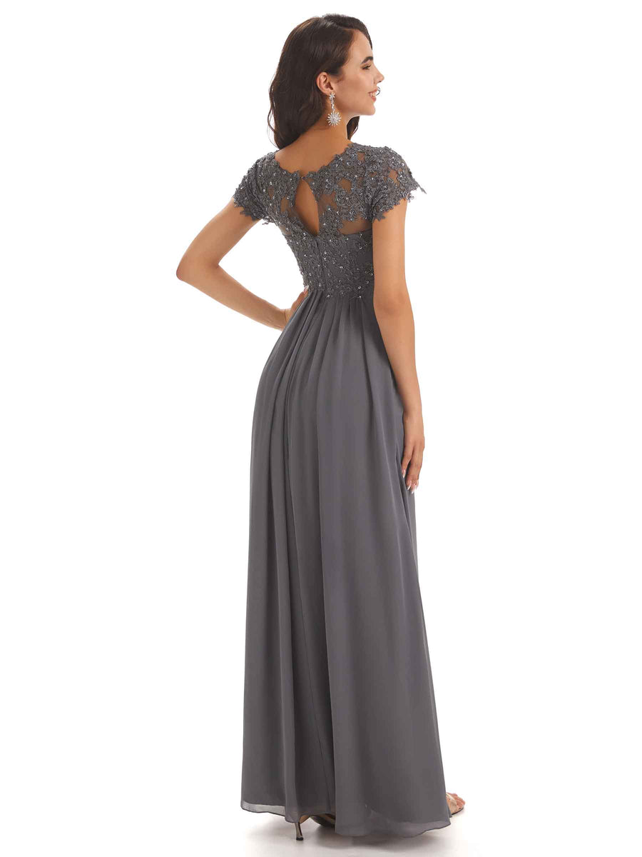 Elegant Short Sleeves Beaded Pleats A-line Floor-Length Mother of The Bride Dresses