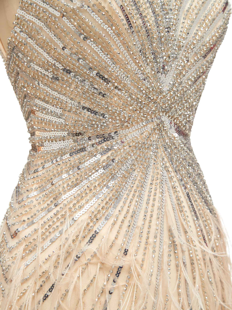 Champagne Gold Luxury Heavily Beaded Feather Formal Prom Dresses Online - ChicSew Champagne Gold Luxury Heavily Beaded Feather Formal Prom Dresses Online - ChicSew