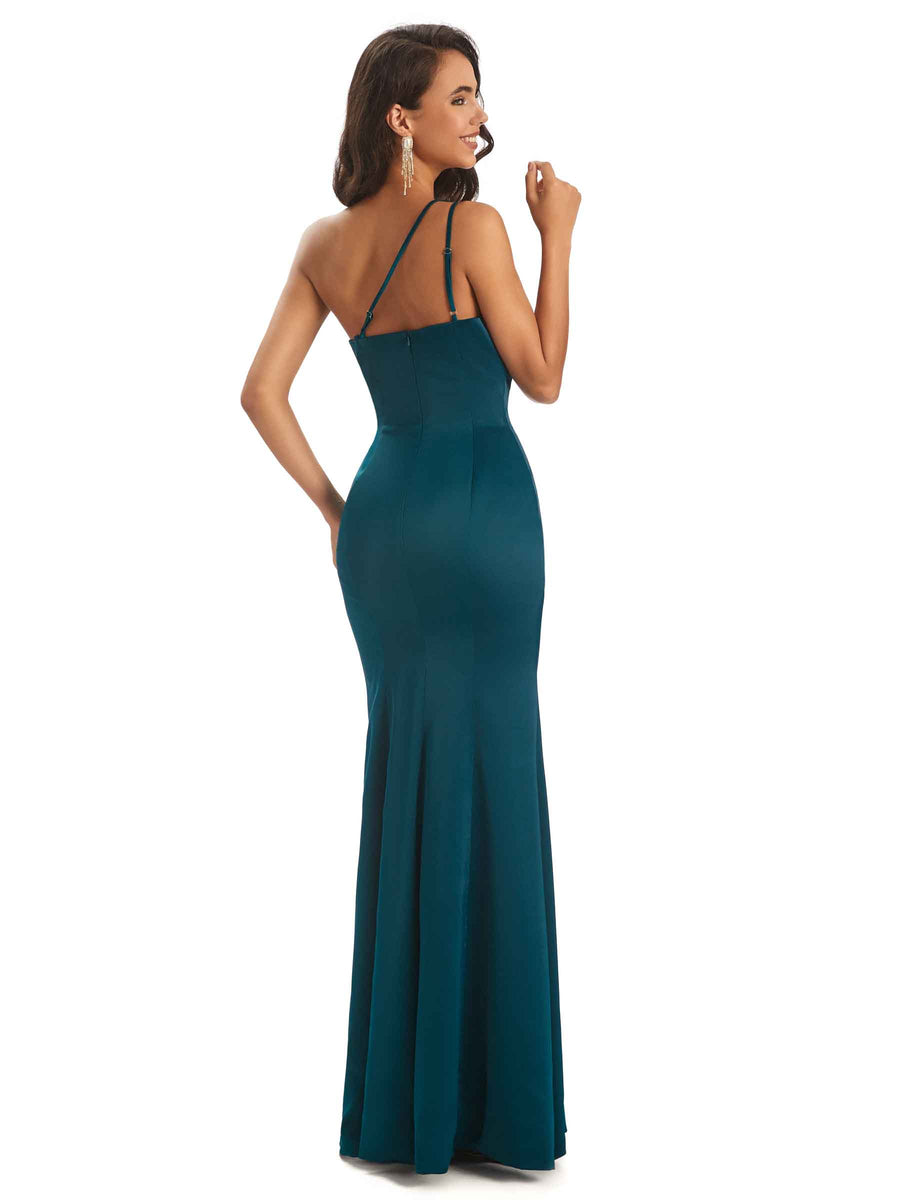 Sexy Soft Satin Side Slit One Shoulder Chic Mermaid Bridesmaid Dresses Online