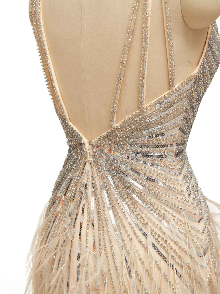 Champagne Gold Luxury Heavily Beaded Feather Formal Prom Dresses Online Champagne Gold Luxury Heavily Beaded Feather Formal Prom Dresses Online