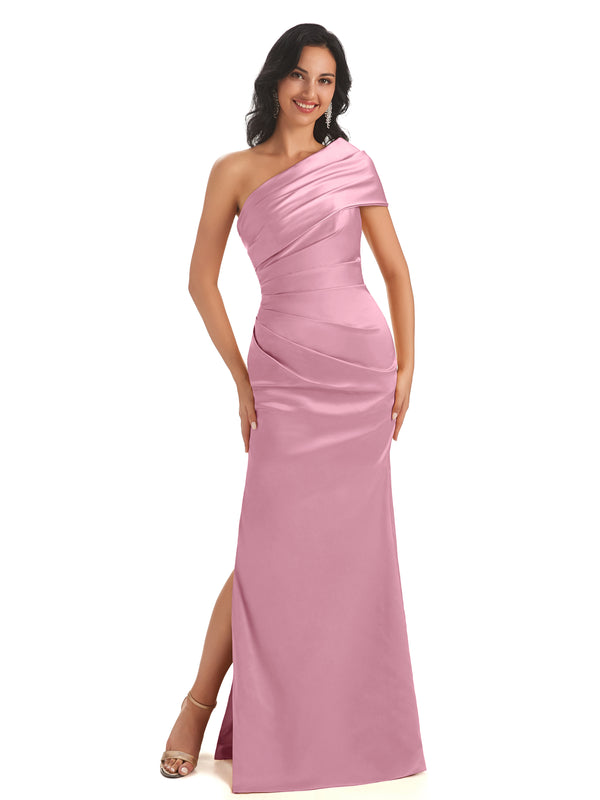 Sexy Soft Satin Side Slit One Shoulder Floor-Length Mermaid Bridesmaid