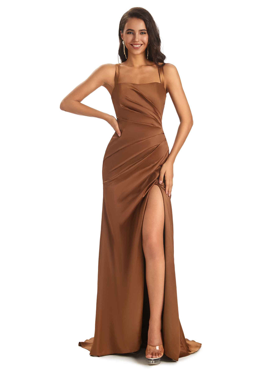 Soft Satin Straps Side Slit Cross Back Unique Mermaid Bridesmaid Dresses Online