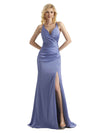 Elegant V-neck Criss Cross Soft Satin Side Slit Long Mermaid Prom Dresses Online