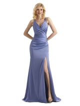 Elegant V-neck Criss Cross Soft Satin Side Slit Long Mermaid Bridesmaid Dresses Online