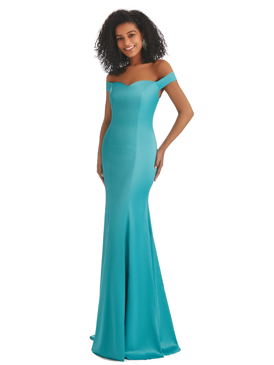 Simple Off Shoulder Mermaid Maxi Long Satin Prom Dresses Online