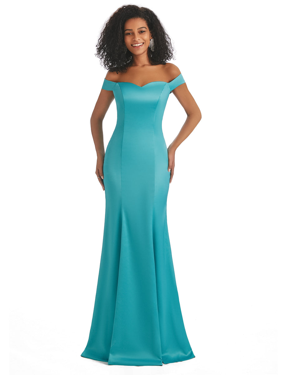 Simple Off Shoulder Mermaid Maxi Long Satin Prom Dresses Online