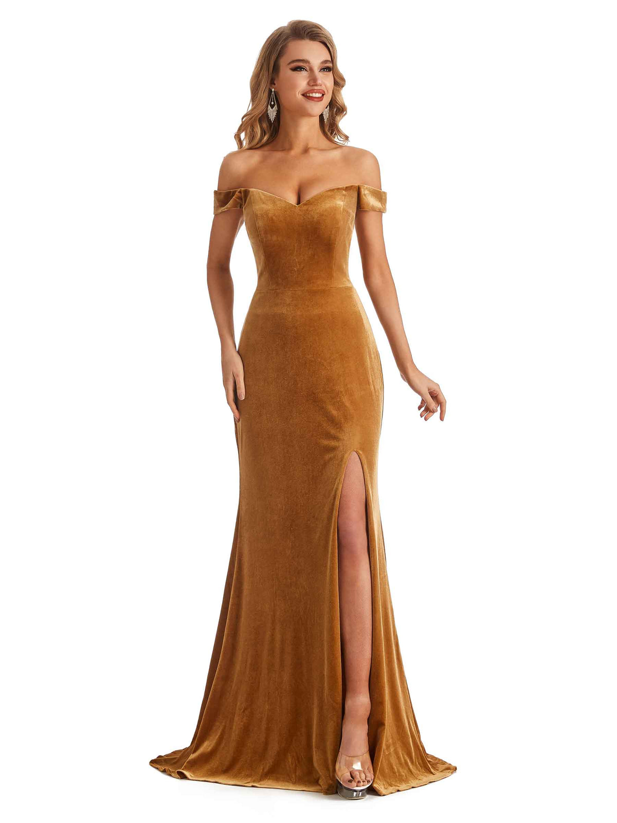 Elegant Mermaid Off the Shoulder Side Slit Velvet Long Bridesmaid Dresses