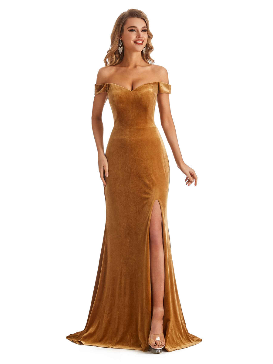 Elegant Mermaid Off the Shoulder Side Slit Velvet Long Bridesmaid Dresses