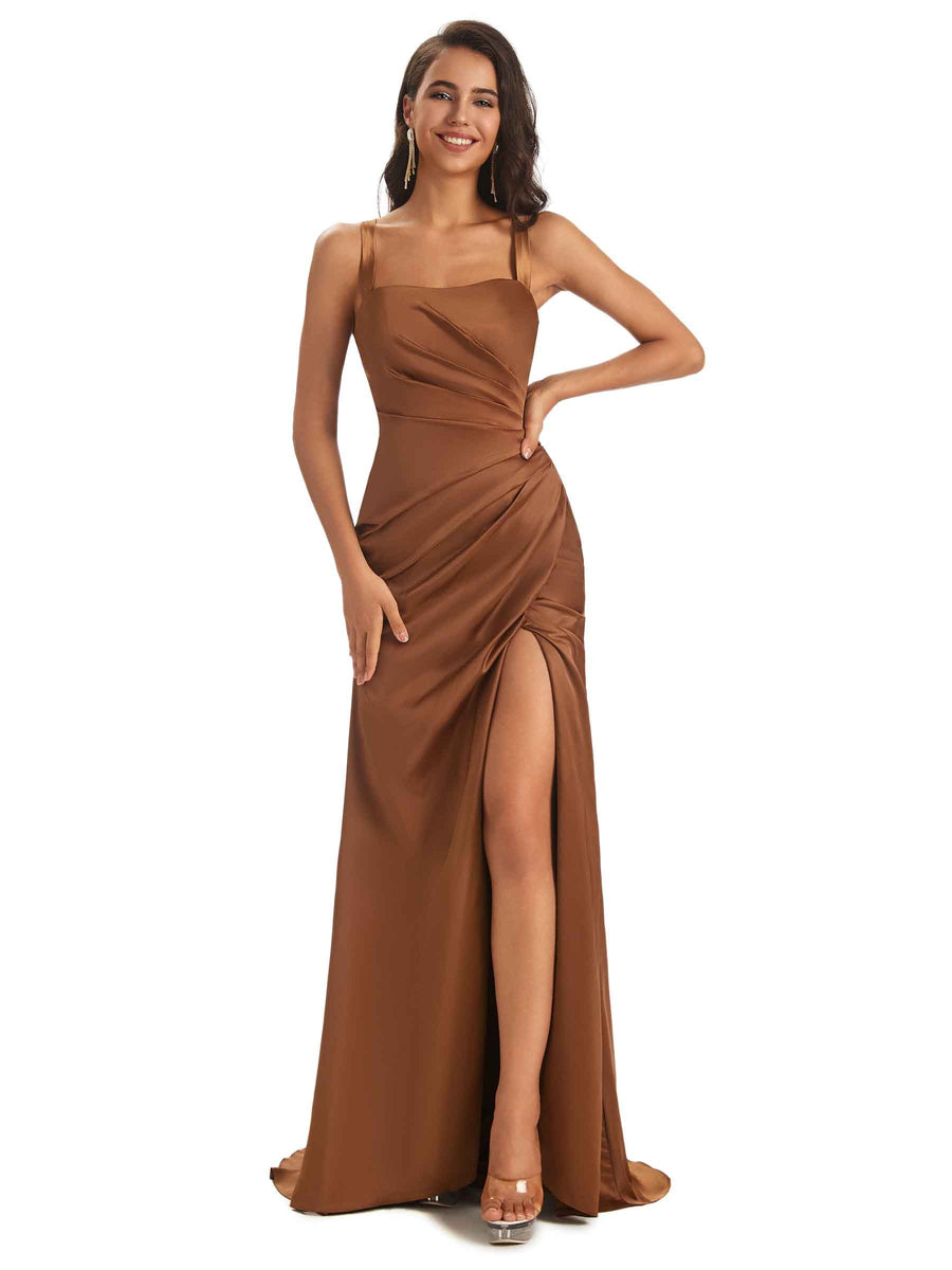 Soft Satin Straps Elegant Cross Back Sexy Mermaid Prom Dresses With Slit