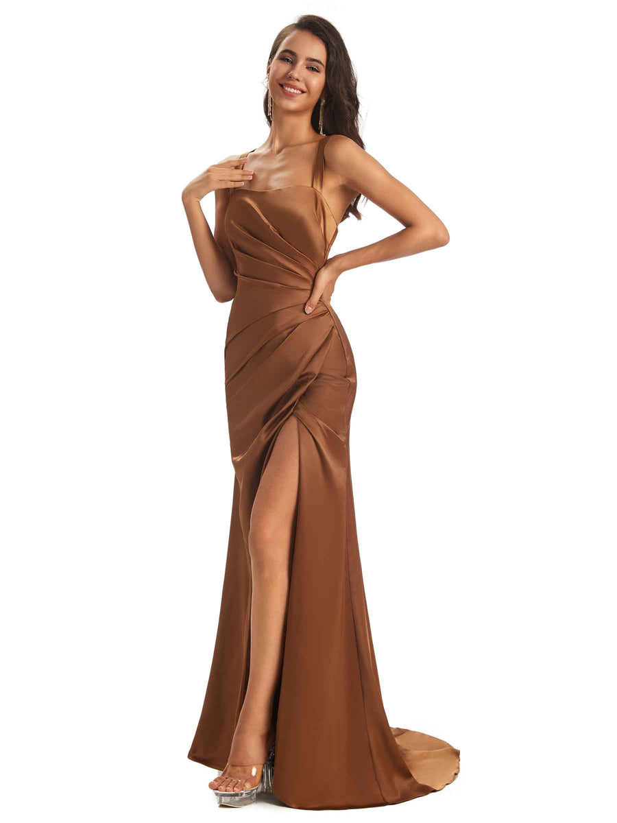 Soft Satin Straps Elegant Cross Back Sexy Mermaid Prom Dresses With Slit
