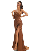 Soft Satin Straps Side Slit Cross Back Unique Mermaid Bridesmaid Dresses Online
