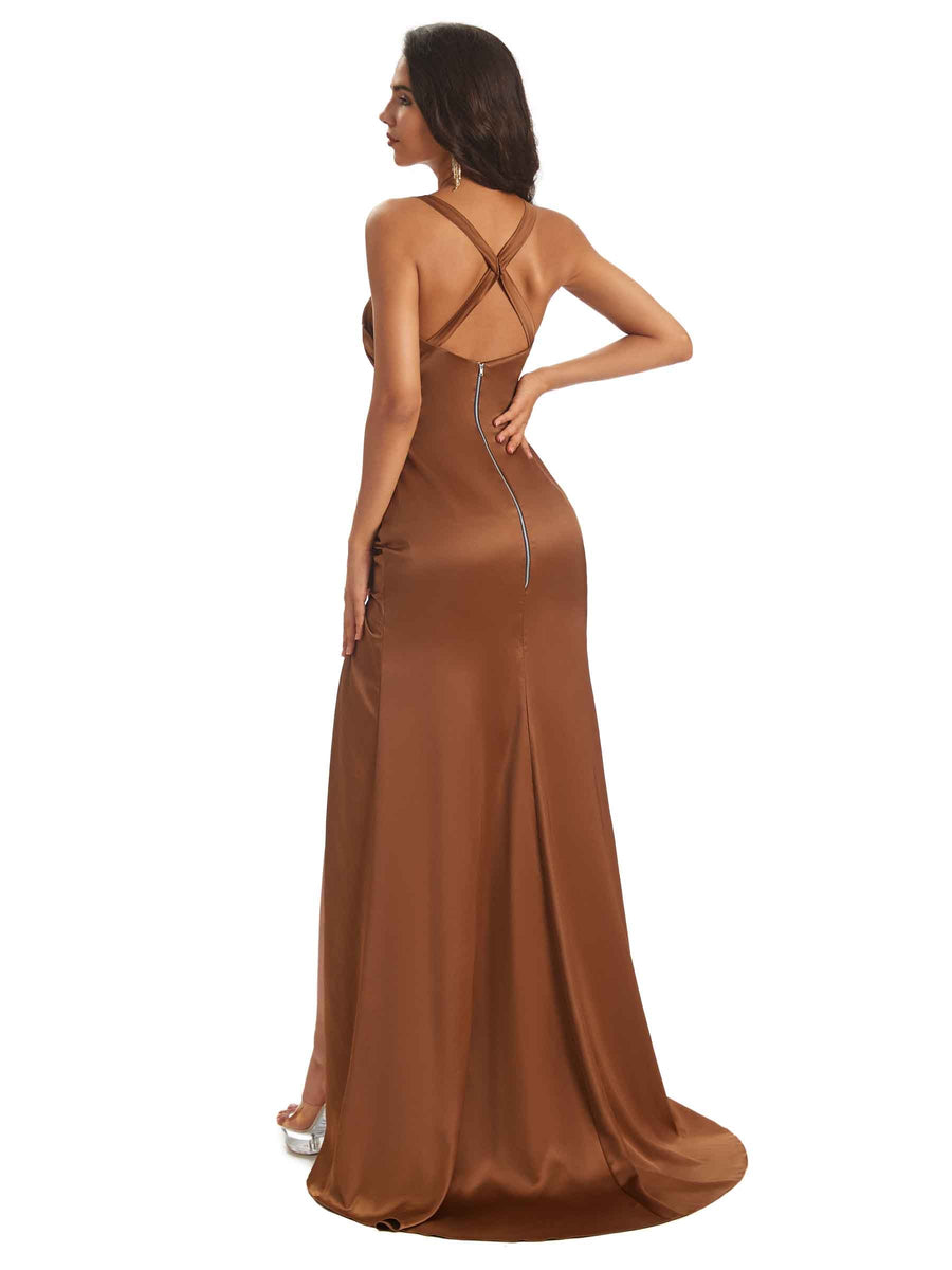 Soft Satin Straps Elegant Cross Back Sexy Mermaid Prom Dresses With Slit