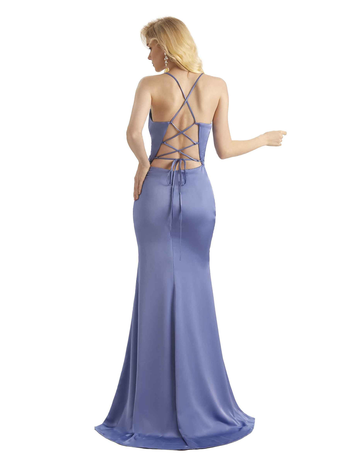 Elegant V-neck Criss Cross Soft Satin Side Slit Long Mermaid Prom Dresses Online