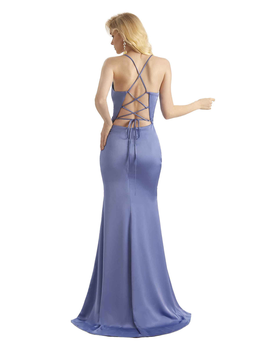 Elegant V-neck Criss Cross Soft Satin Side Slit Long Mermaid Prom Dresses Online