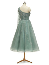 Luxury Green One Shoulder Long Sleeves Evening Party Prom Dresses
