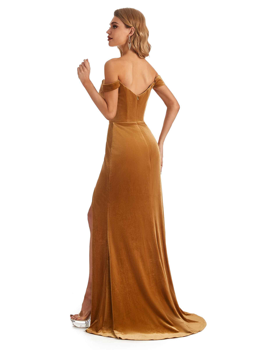 Elegant Mermaid Off the Shoulder Side Slit Velvet Long Bridesmaid Dresses