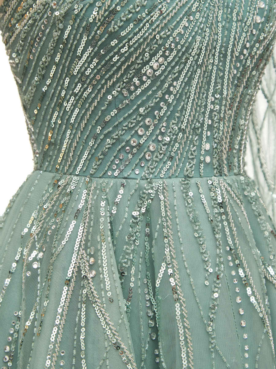 Luxury Green One Shoulder Long Sleeves Evening Party Prom Dresses