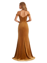 Elegant Mermaid Off the Shoulder Side Slit Velvet Long Bridesmaid Dresses