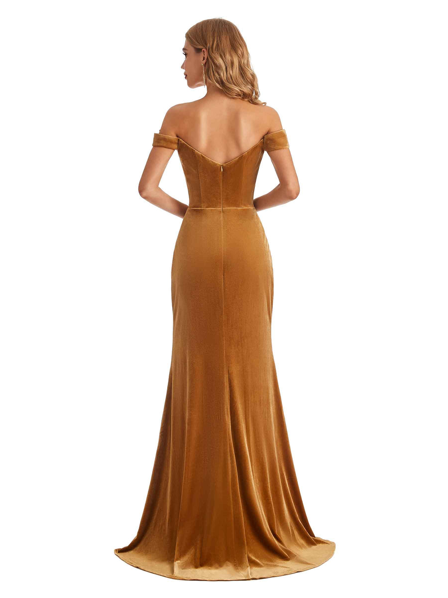 Elegant Mermaid Off the Shoulder Side Slit Velvet Long Bridesmaid Dresses