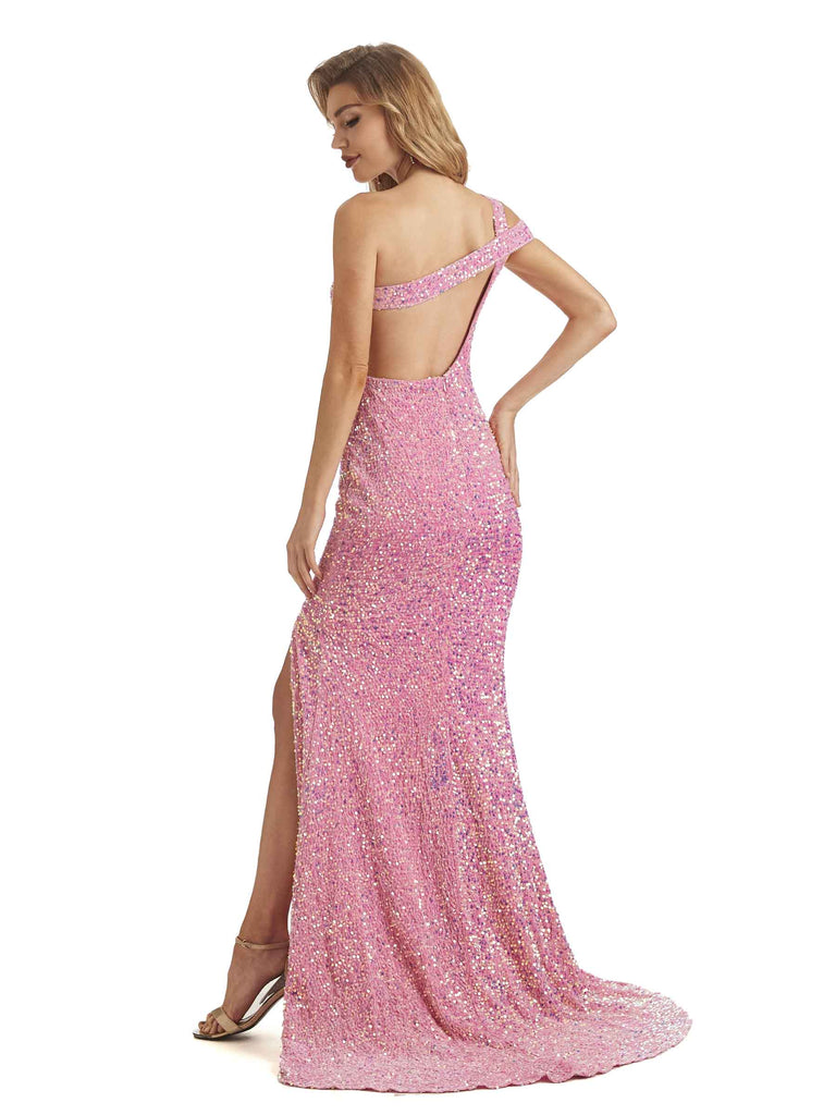 Sequin Sheath One shoulder Side slit Floor-length Long Party Prom Dresses
