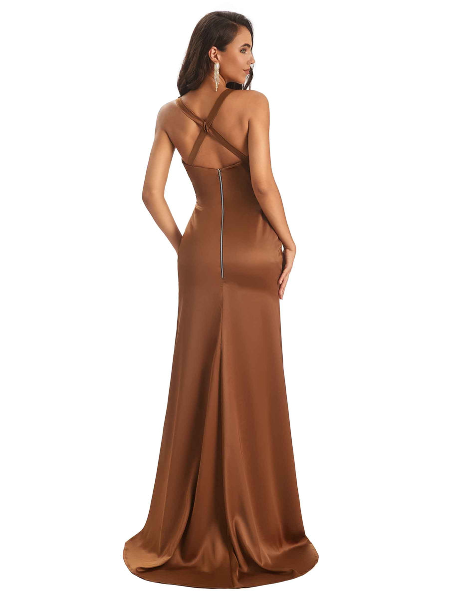 Soft Satin Straps Elegant Cross Back Sexy Mermaid Prom Dresses With Slit
