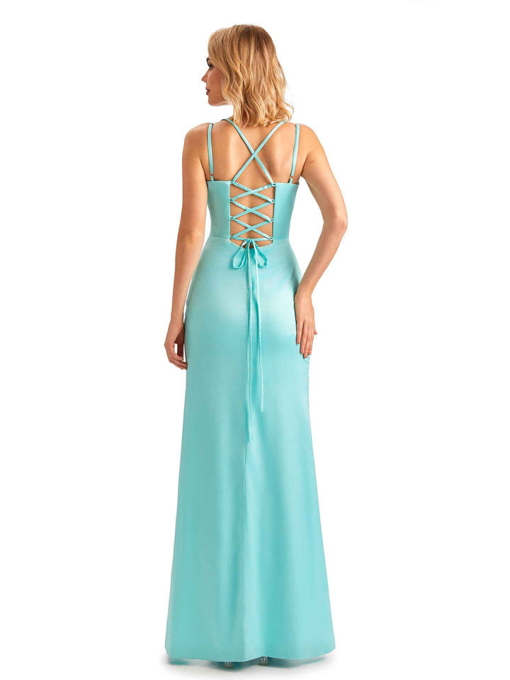 Soft Satin Spaghetti Straps Side Slit Long Unique Mermaid Beautiful Dresses For Wedding