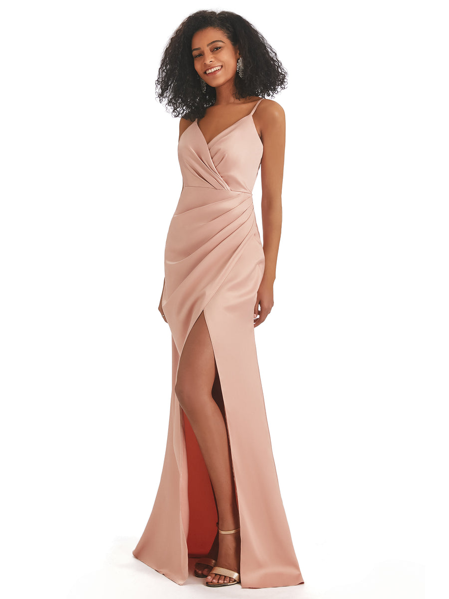 Spaghetti Straps Mermaid Soft Satin Side Slit Long African Bridesmaid Dresses